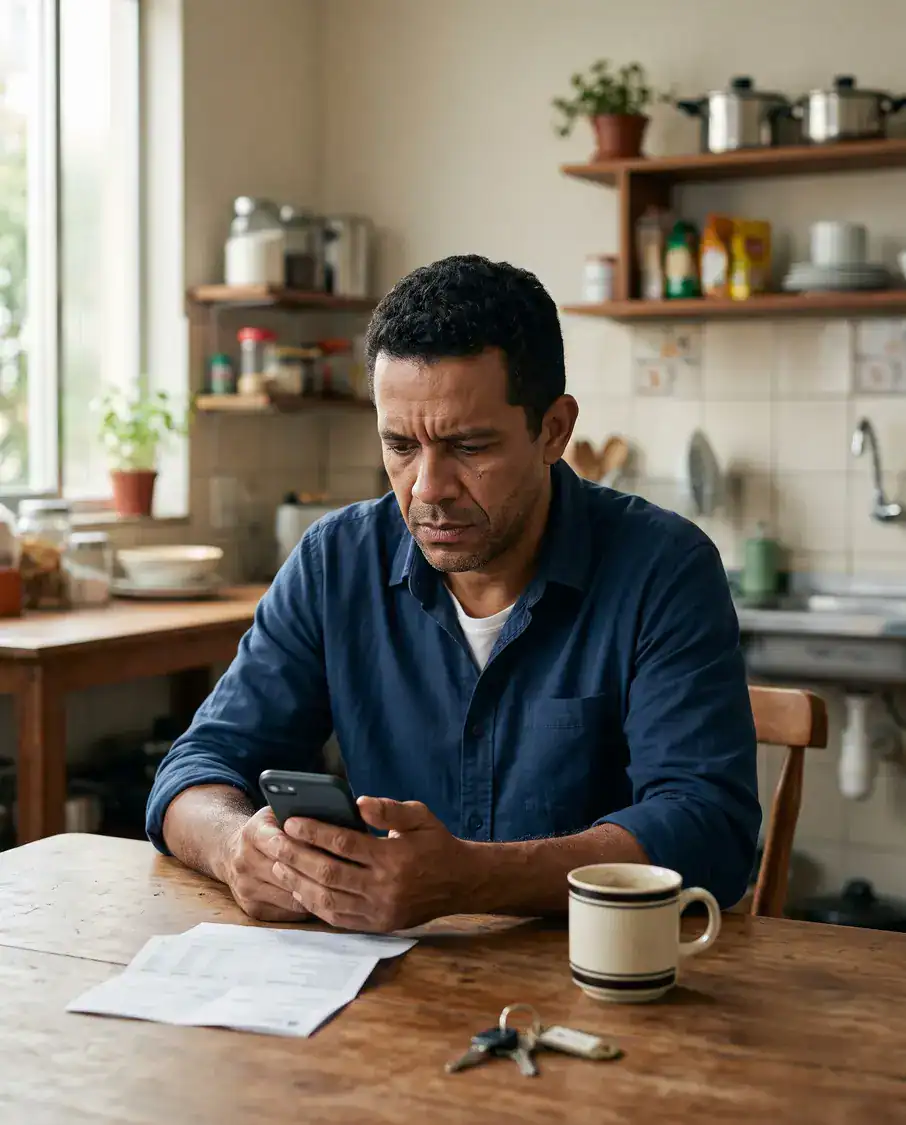 BRB Reteve 100% do Salário? Senacon Notificou (2026) Homem preocupado sentado à mesa da cozinha olhando o celular após o banco reter o salário