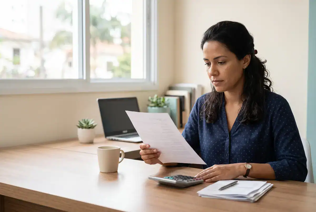 Retenção de Salário em 2026: Direitos, Limites e Como Recuperar Mulher revisando documentos e extrato bancário para entender por que a retenção de salário é ilegal