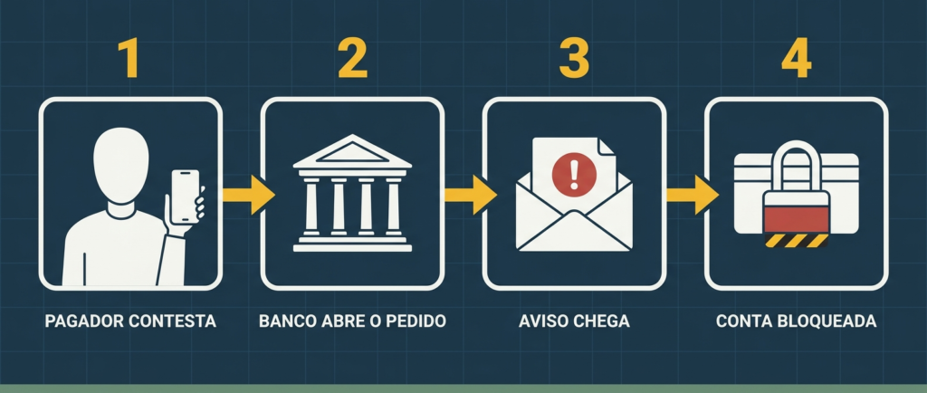 Recebi um Pix e Bloquearam Minha Conta com Meu Salário Dentro Faixa em quatro etapas rotuladas: pagador contesta, banco abre o pedido, aviso chega e conta bloqueada, Joao Coelho Advocacia, 2026