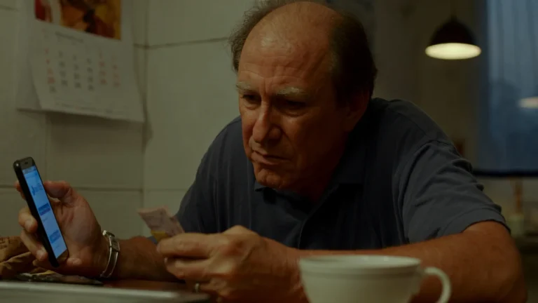 Início Servidor aposentado à mesa da cozinha olhando o celular do banco no fim do ano, com um envelope de dinheiro na mão