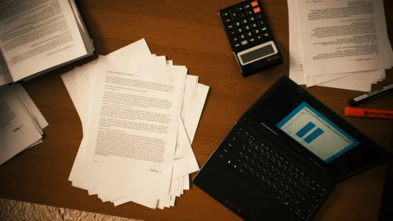 Mesa de escritório com pilhas de decisões judiciais impressas, notebook com gráfico de barras, marca-texto e calculadora