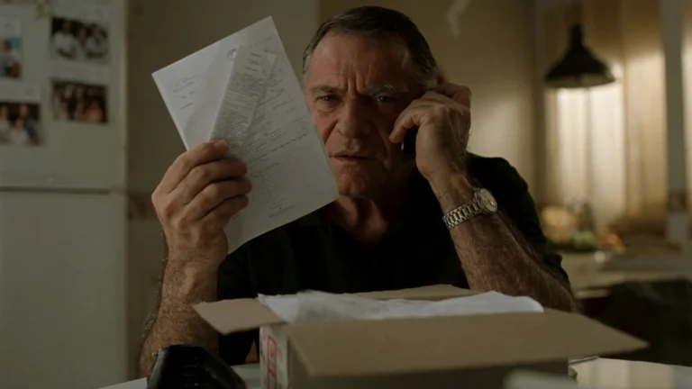 Início Homem à mesa da cozinha com uma carta de cobrança na mão, atendendo uma ligação, com uma caixa de comprovantes antigos aberta