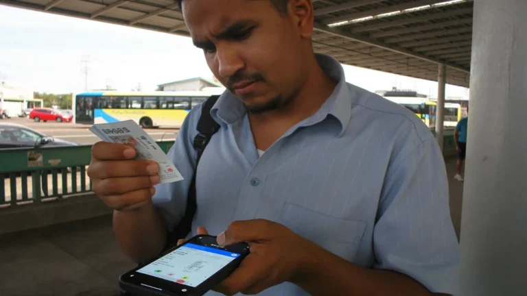 Trabalhador no terminal de ônibus confere no celular as parcelas do consignado CLT, preocupado com os juros