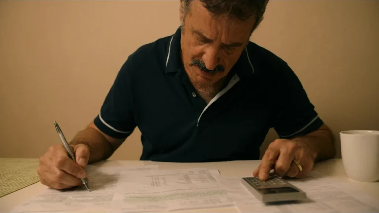 Início Homem compara contratos de empréstimo com calculadora na mesa da cozinha, à noite