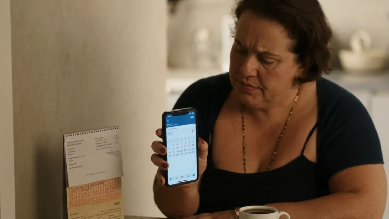 Início Mulher na mesa da cozinha conferindo no celular os débitos automáticos da conta, com contracheque e calendário de 2027 ao lado