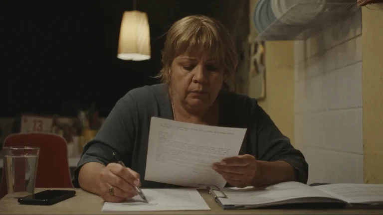Mulher à mesa da cozinha lendo uma proposta de acordo do banco antes de assinar