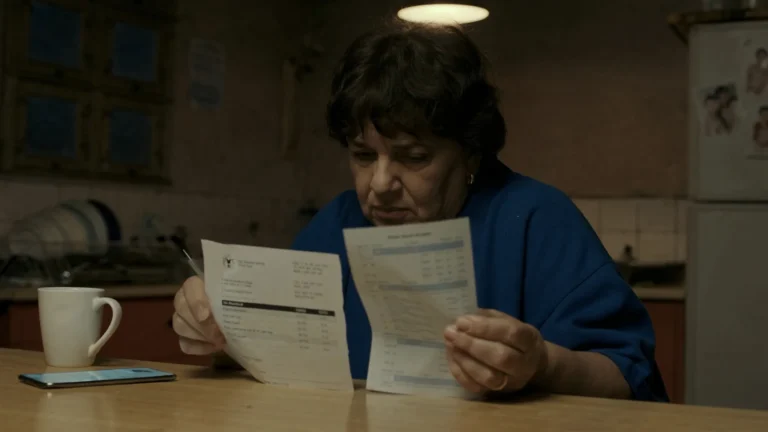 Servidora à mesa da cozinha comparando o extrato bancário com o contracheque do mesmo mês